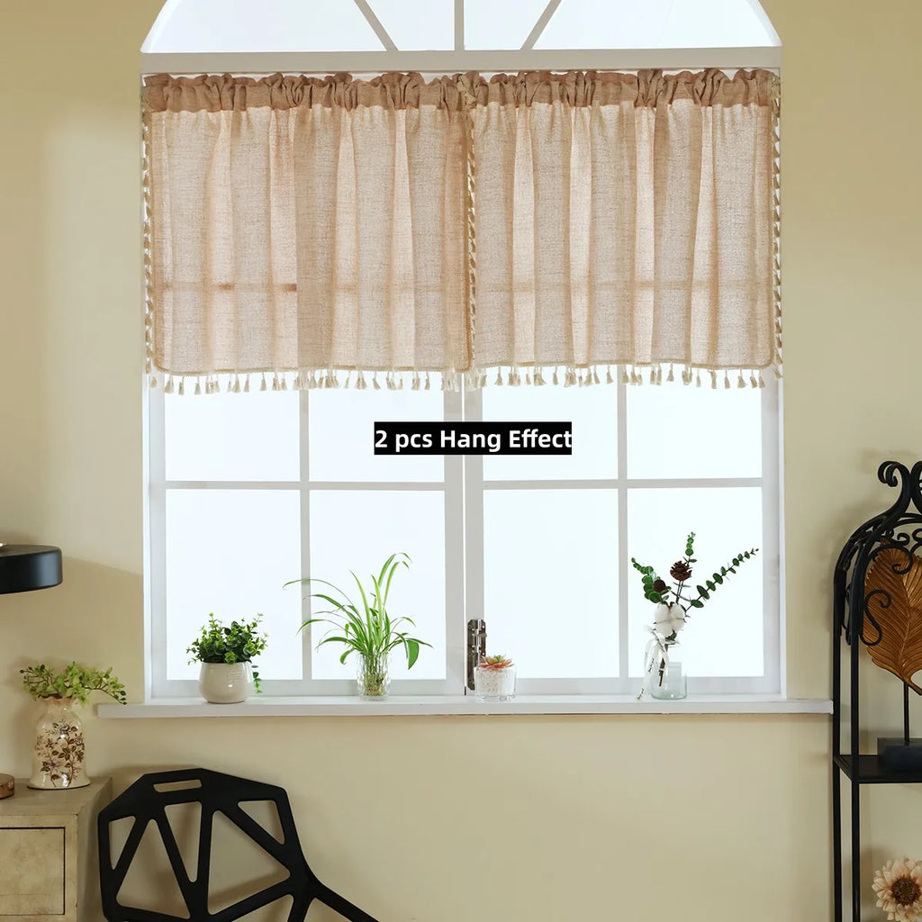 🌿 Boho Tassel Café Curtain – Japanese-Inspired Semi-Sheer Window Panel