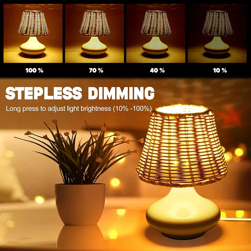 🌿✨ Boho Bamboo Table Lamp – Handwoven USB Dimmable Bedside Light