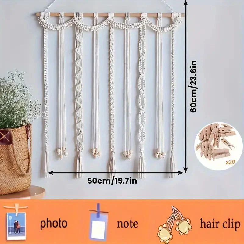 📸🌿🤍 Boho Tassel Photo Display – Macramé Wall Hanging with 20 Wooden Clips