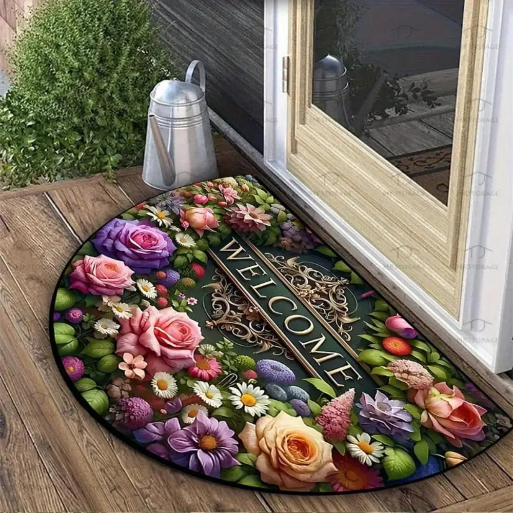 🌸🤍 Boho Half-Moon Doormat – Washable Non-Slip Entryway Rug