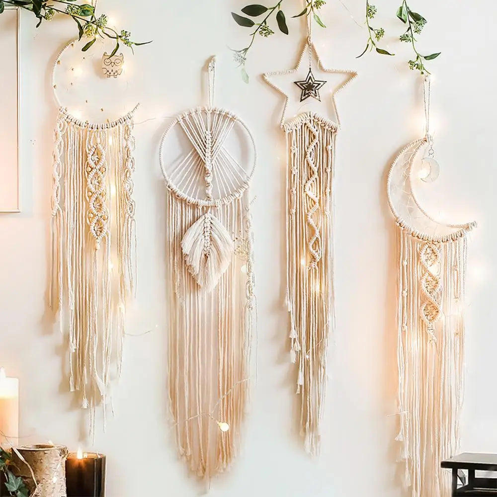 🌙🌿🤍 Boho Moon and Stars Macramé Dream Catcher – Handwoven Nursery Wall Hanging