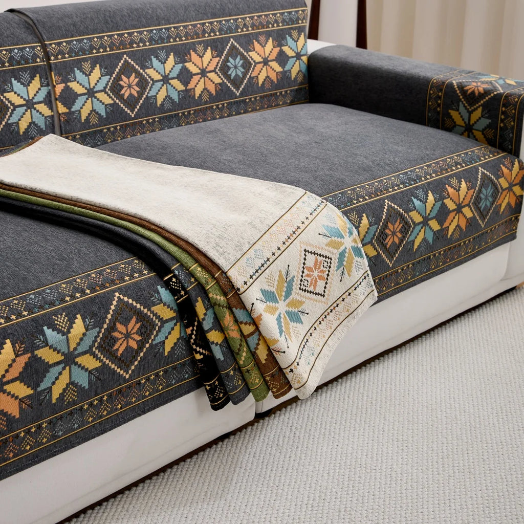 🛋️🌿🤍 Boho Jacquard Chenille Sofa Cover – All-Season Couch Throw & Furniture Protector