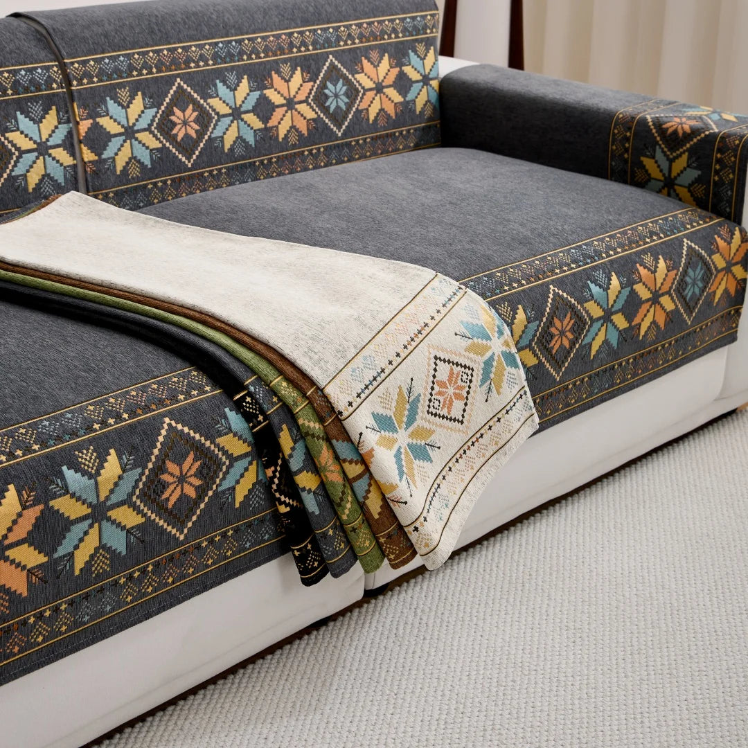 🛋️🌿🤍 Boho Jacquard Chenille Sofa Cover – All-Season Couch Throw & Furniture Protector