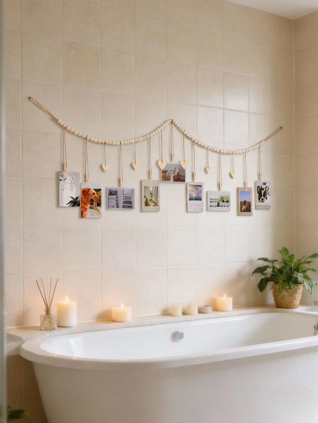 📸🤍🌿 Boho Wooden Bead Photo Garland – Heart Clip Wall Hanging Picture Display
