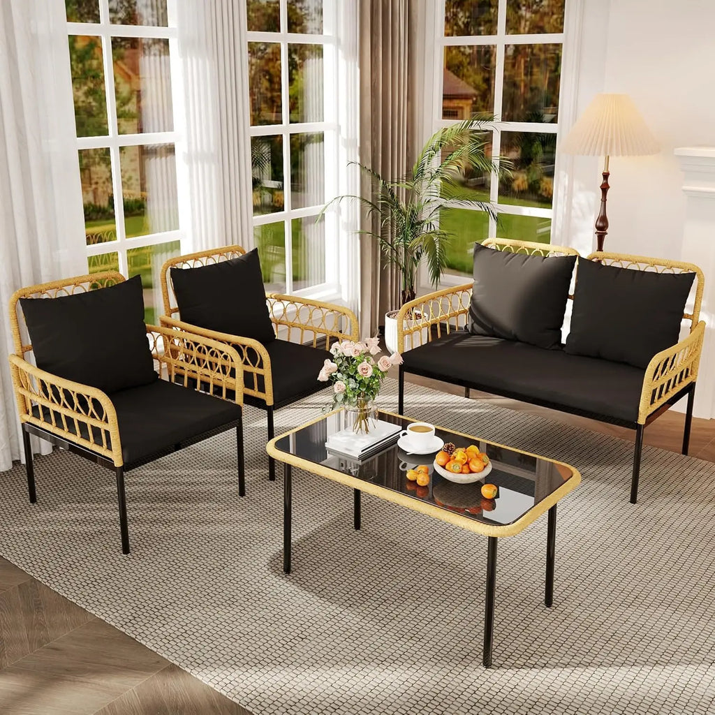 Boho Wicker Patio Conversation Set – 4-Piece All-Weather Outdoor Furniture Collection