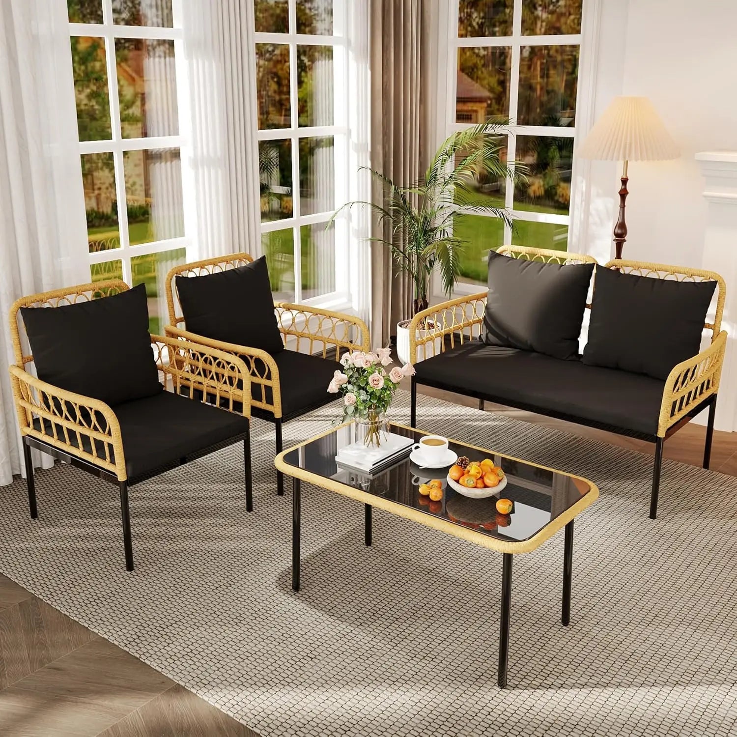 Boho Wicker Patio Conversation Set – 4-Piece All-Weather Outdoor Furniture Collection