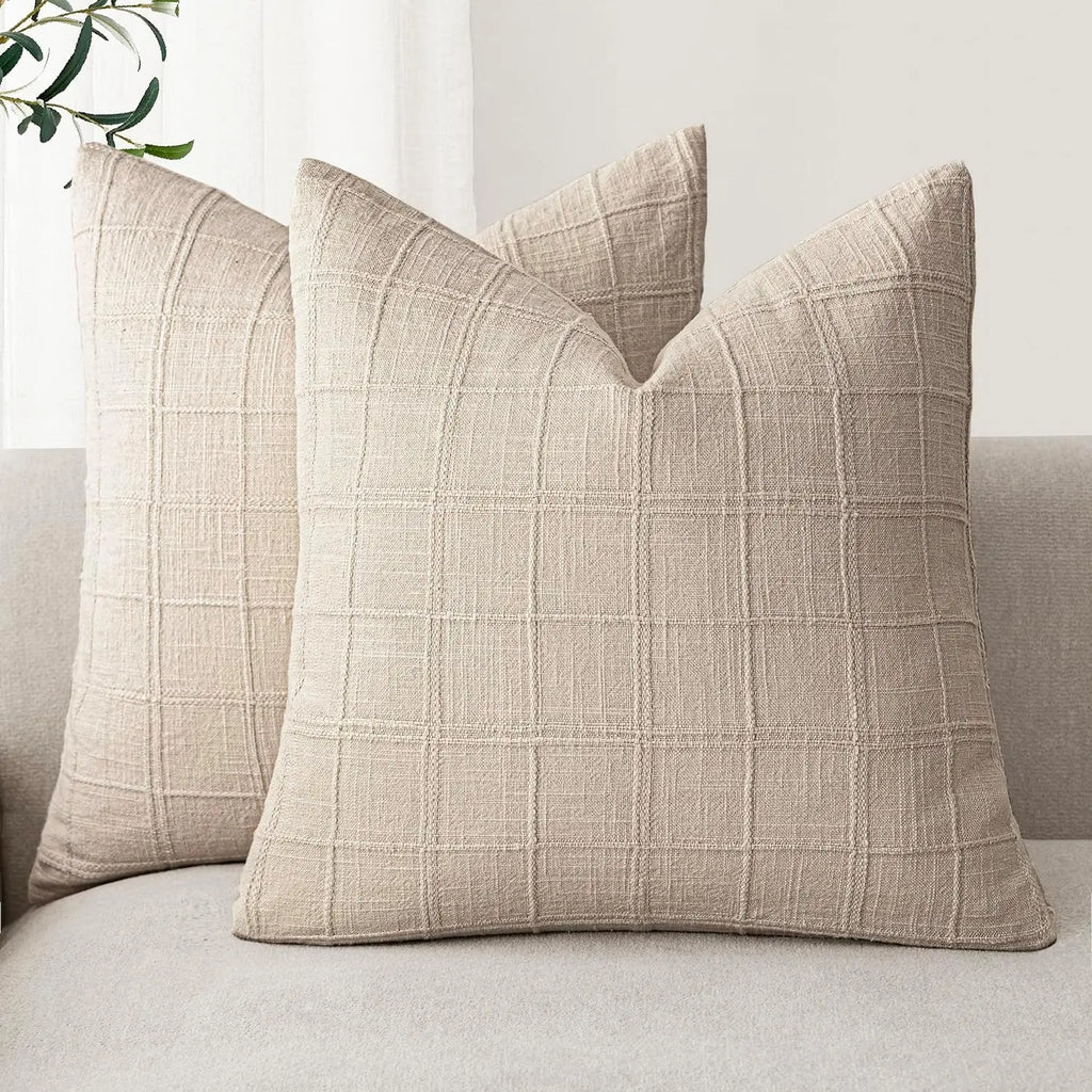 🌿🤍 Natural Linen Check Pillow Cover – Boho Farmhouse Decorative Cushion