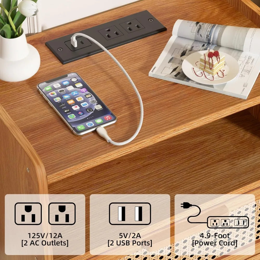 Natural Rattan Bedside Table Set with Charging Station