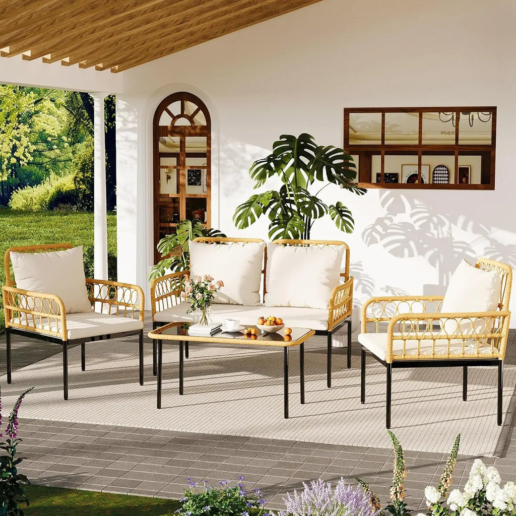 Boho Wicker Patio Conversation Set – 4-Piece All-Weather Outdoor Furniture Collection