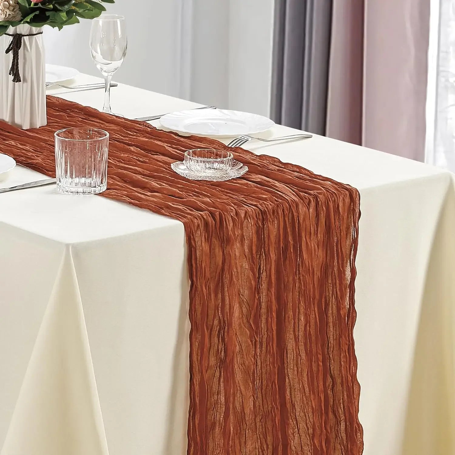🤍🌾 Boho Cheesecloth Table Runner Set – Rustic Gauze Table Décor (10 Pieces)