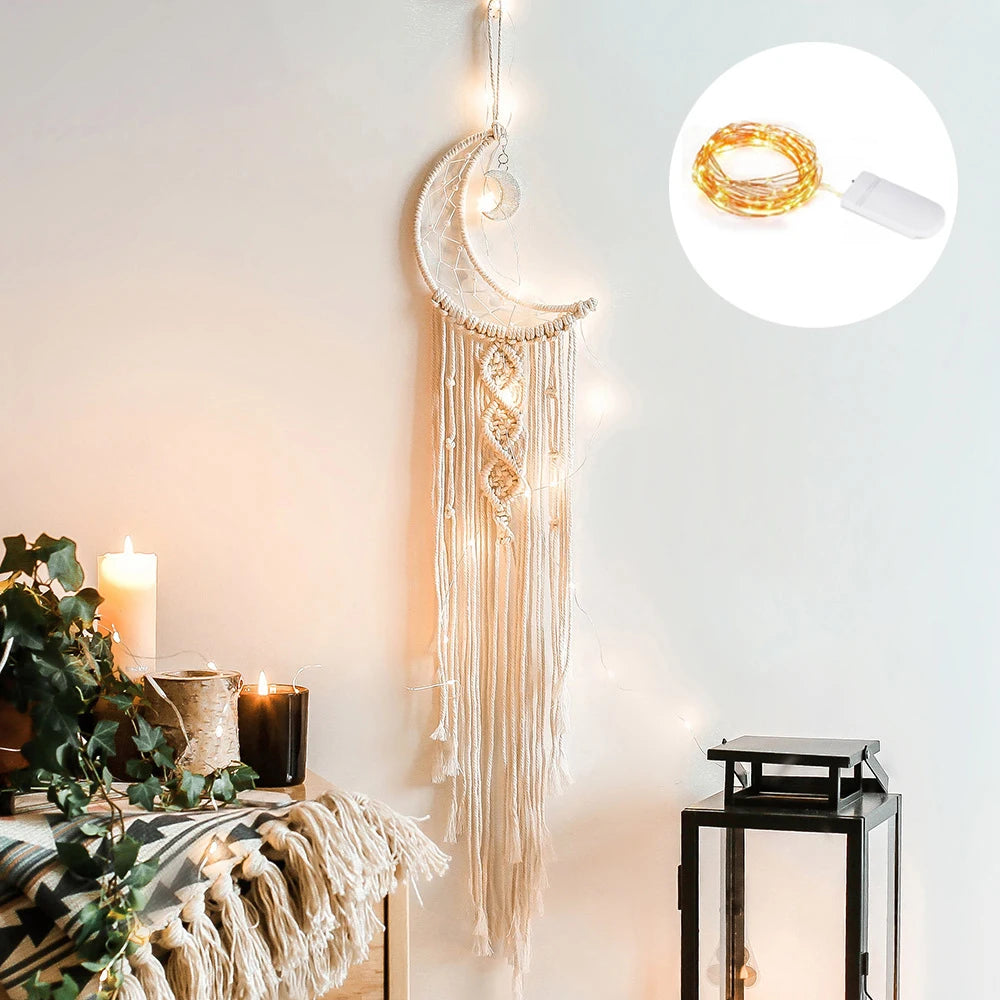🌙🌿🤍 Boho Moon and Stars Macramé Dream Catcher – Handwoven Nursery Wall Hanging
