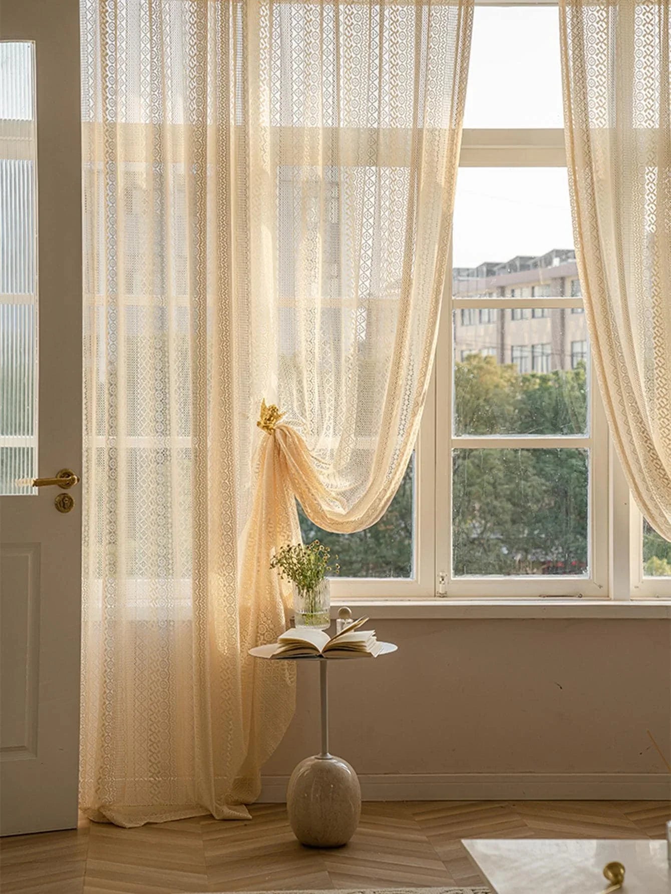 🌿🤍 Boho Geometric Sheer Curtains – Vintage Beige Voile Window Panels