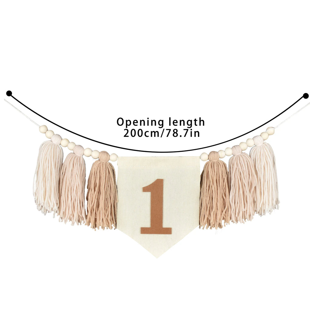 🎉🤍🌿 Boho First Birthday High Chair Banner – Wooden Bead & Tassel Garland
