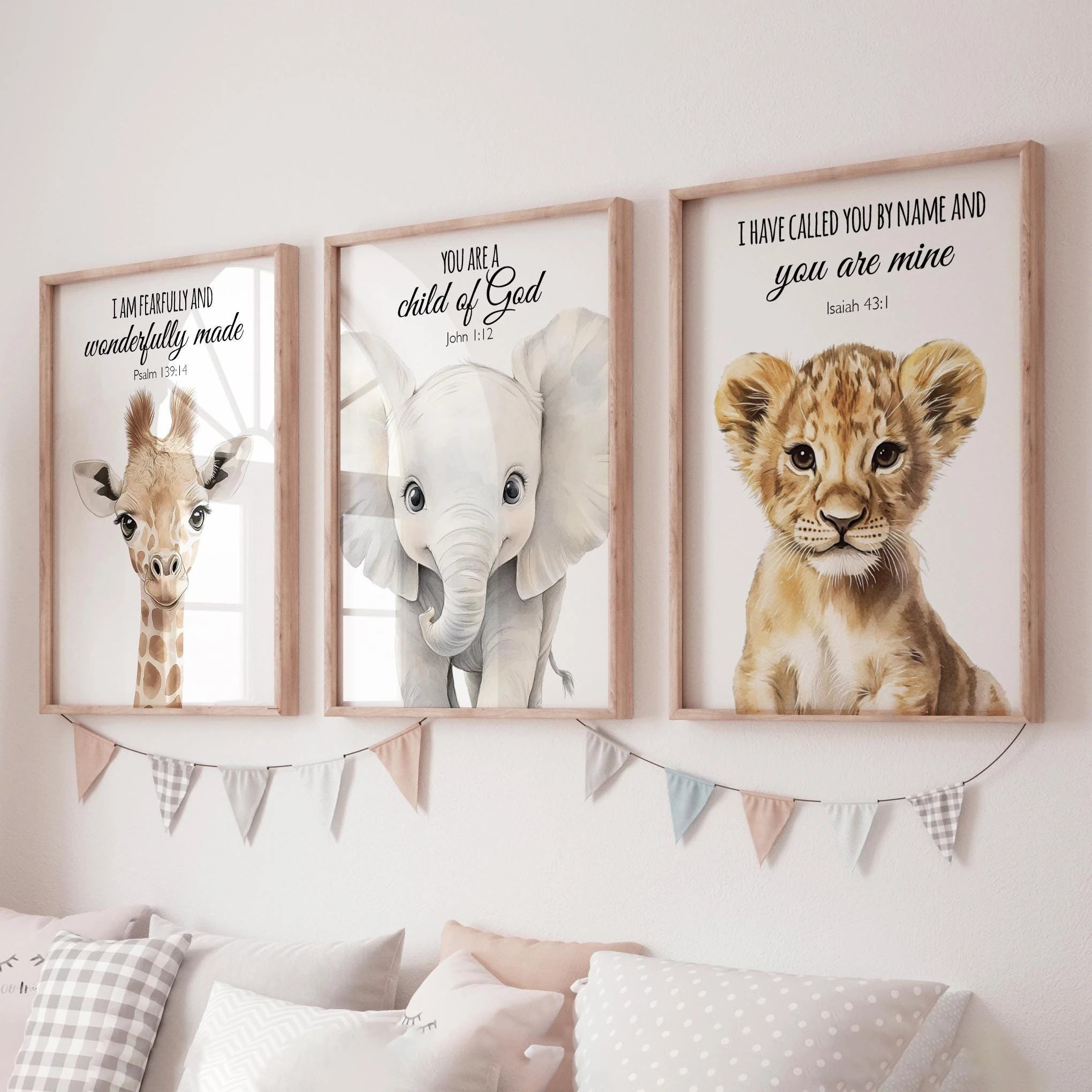 🦁🦒🐘🤍 Boho Safari Animal Nursery Wall Art – Watercolor Canvas Print Set (Set of 3)