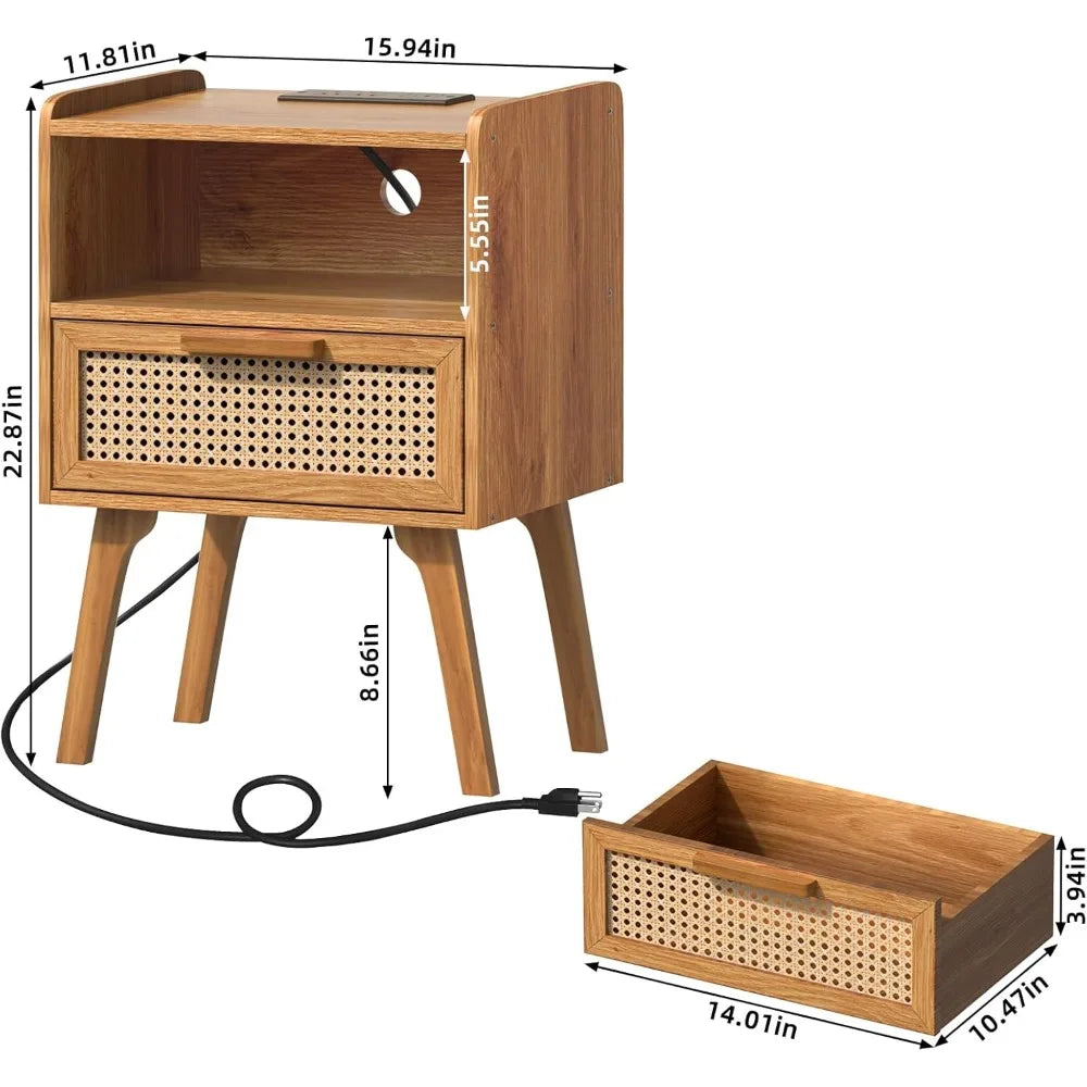 Natural Rattan Bedside Table Set with Charging Station