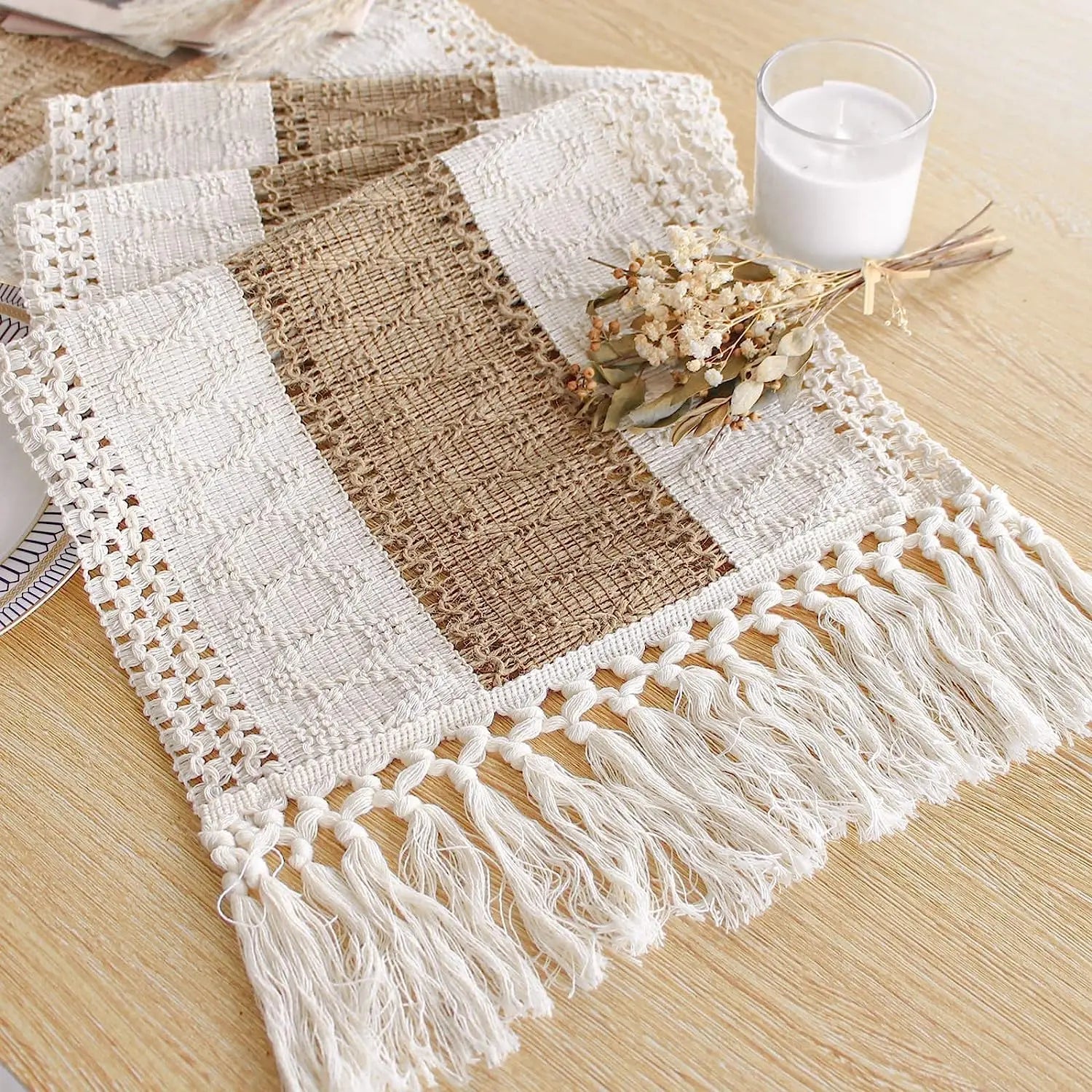 🌿🤍 Boho Linen Table Runner – Rustic Macramé Tassel Dining Table Linen