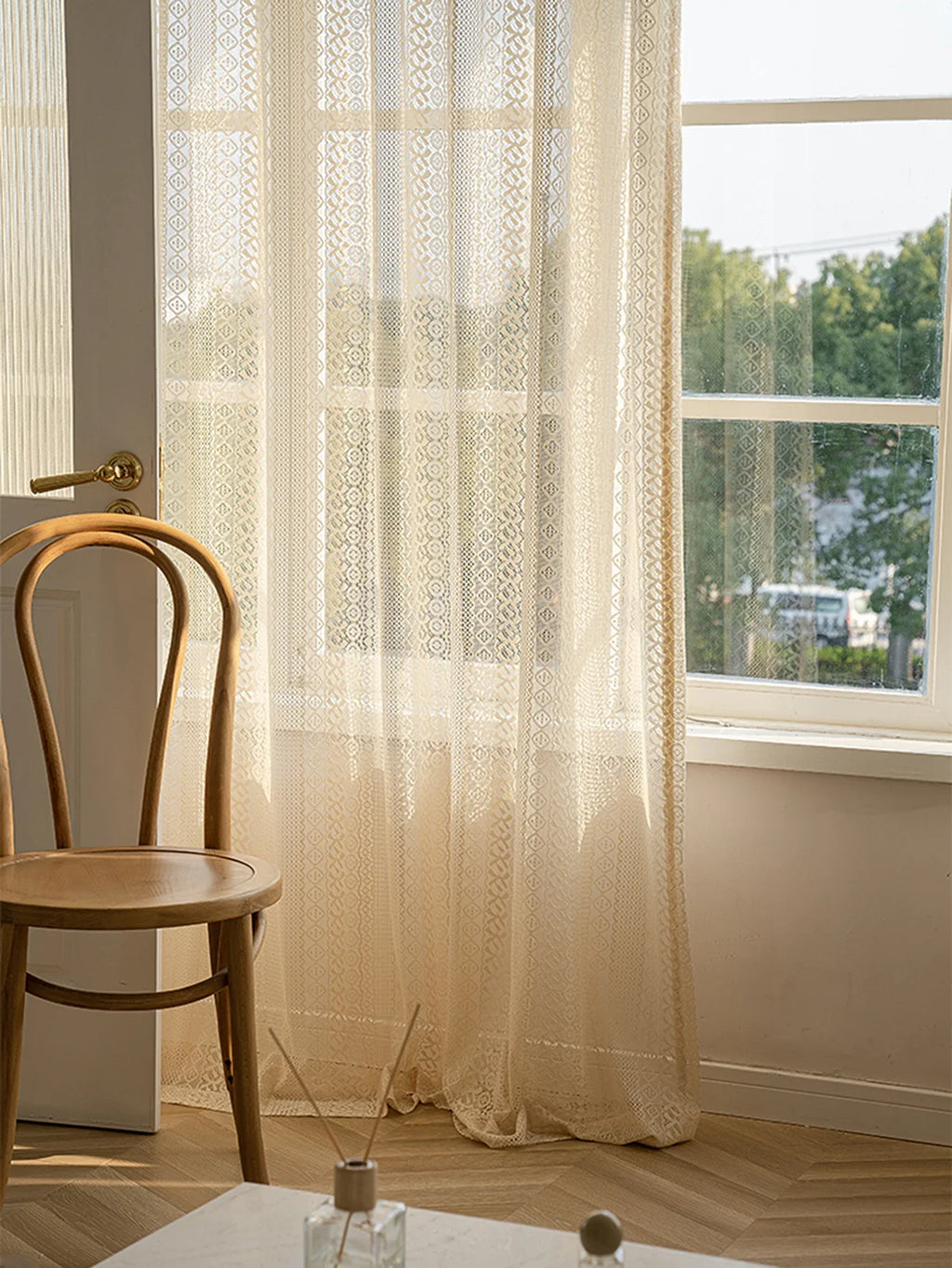 🌿🤍 Boho Geometric Sheer Curtains – Vintage Beige Voile Window Panels