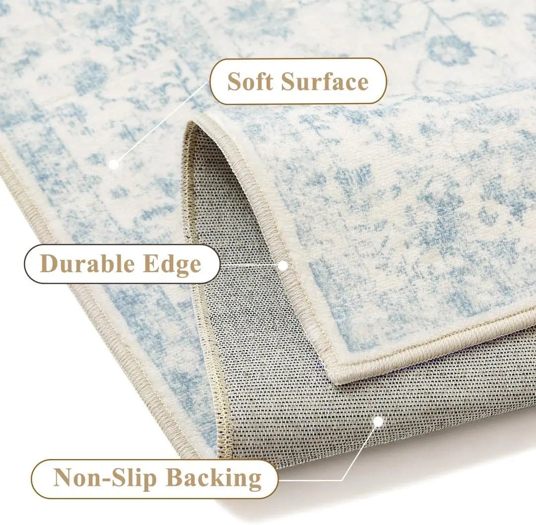 💙🌿 Vintage Floral Area Rug – Washable Traditional Boho Accent Carpet