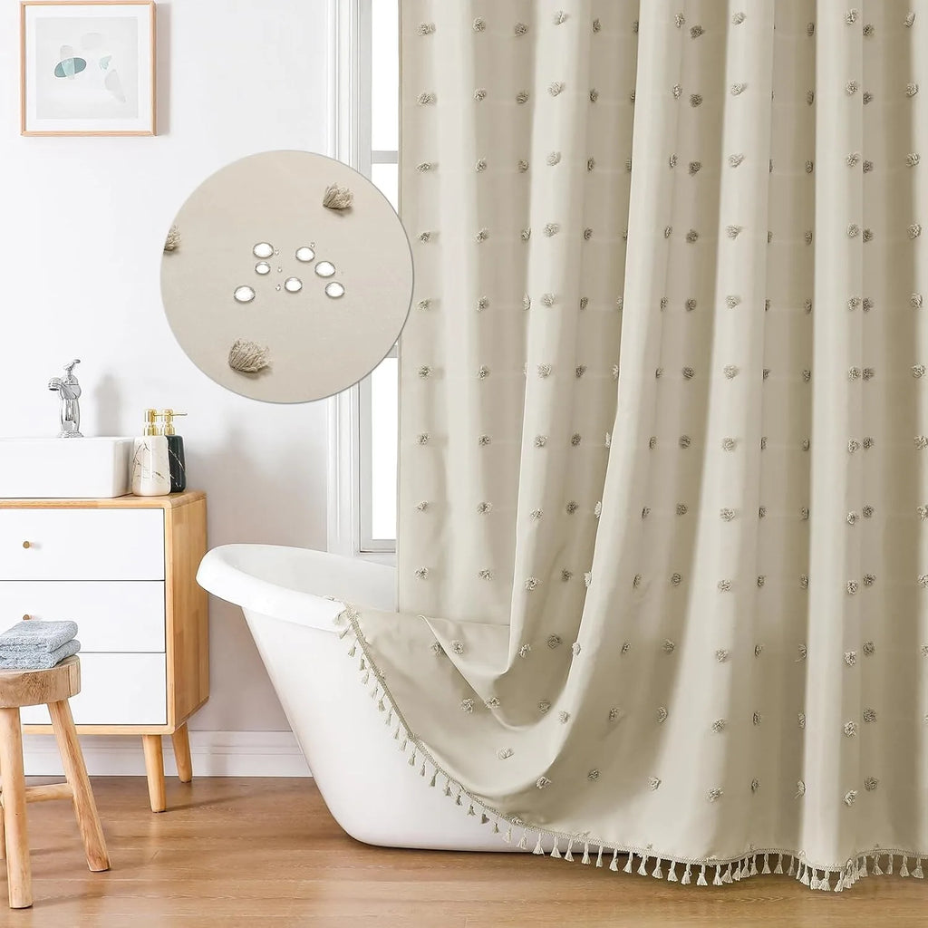 🚿🤍 Boho Polka Dot Shower Curtain – Modern Farmhouse Bathroom Décor Set