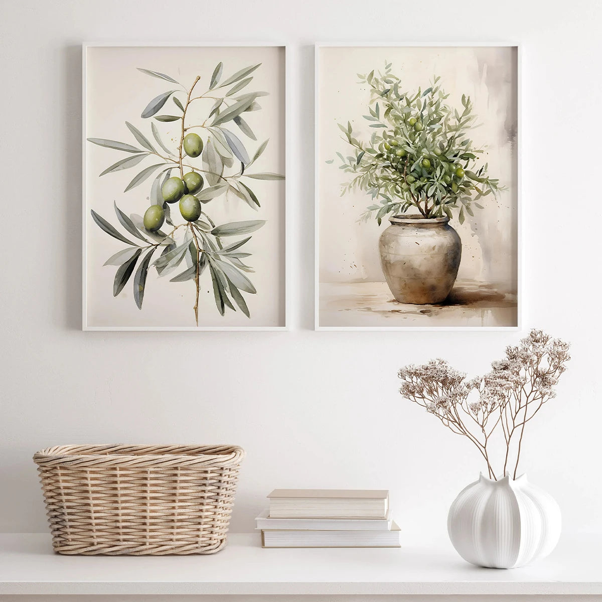 🌿🫒🤍 Boho Olive Branch Canvas Wall Art – Vintage Botanical Print Set (Set of 2)