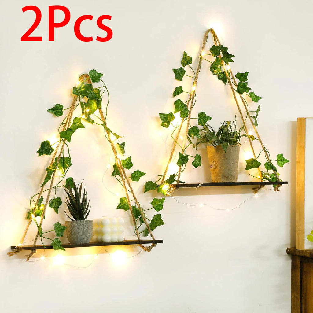 🌿🧺 Boho Macramé Floating Wall Shelf – Handwoven Wooden Hanging Display Shelf