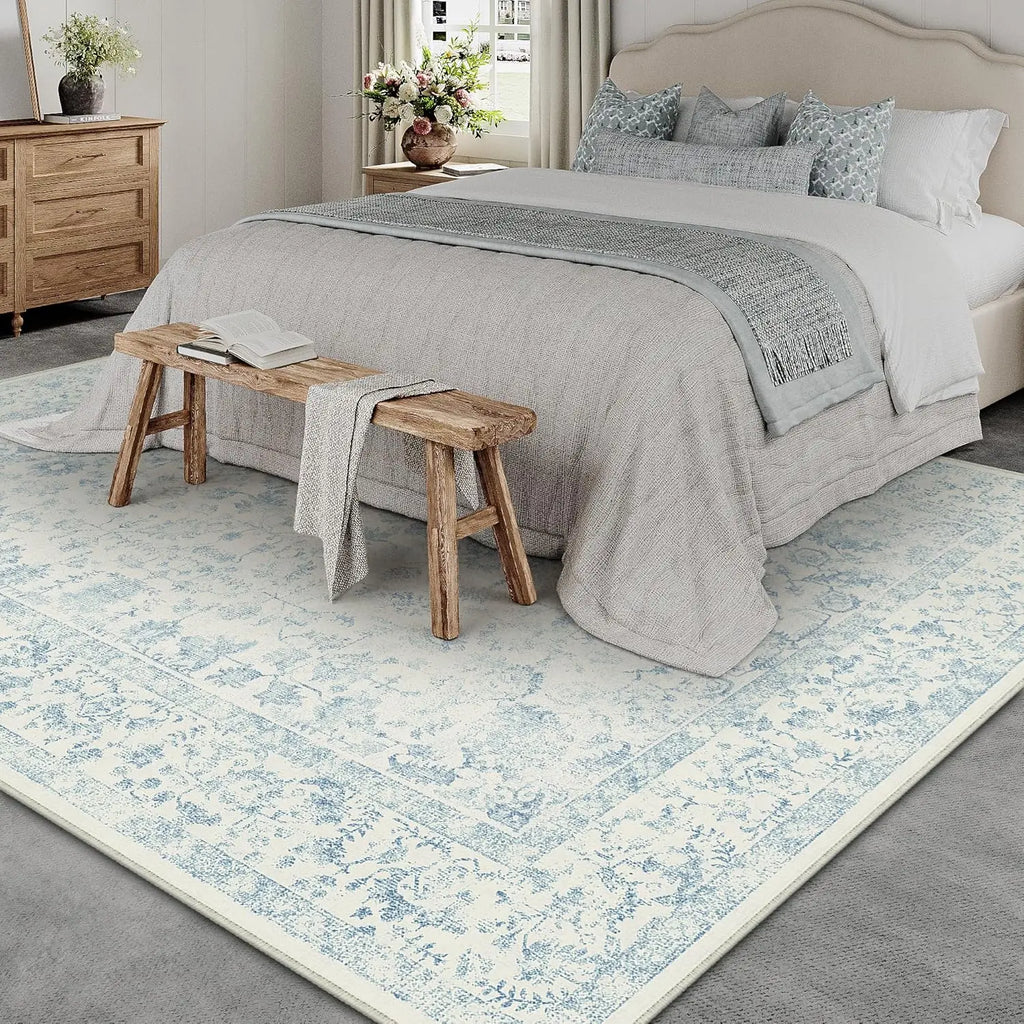 💙🌿 Vintage Floral Area Rug – Washable Traditional Boho Accent Carpet