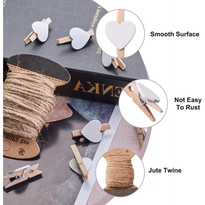 🤍 Heart Wooden Clothespins – Decorative Photo Display Clips (Set of 50)