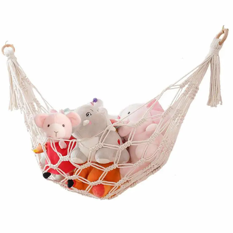 🌿🤍 Boho Macramé Toy Hammock – Hanging Stuffed Animal Storage Net