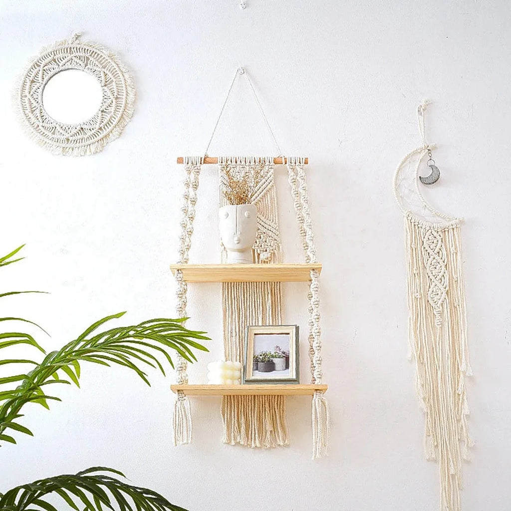 🌿🧺 Boho Macramé Wall Shelf – Handwoven Hanging Wooden Display Shelf