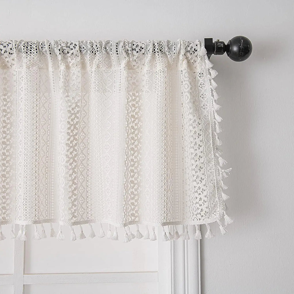 🌿🤍 Boho Lace Café Curtain – Tassel Short Window Curtain with Circular Pattern