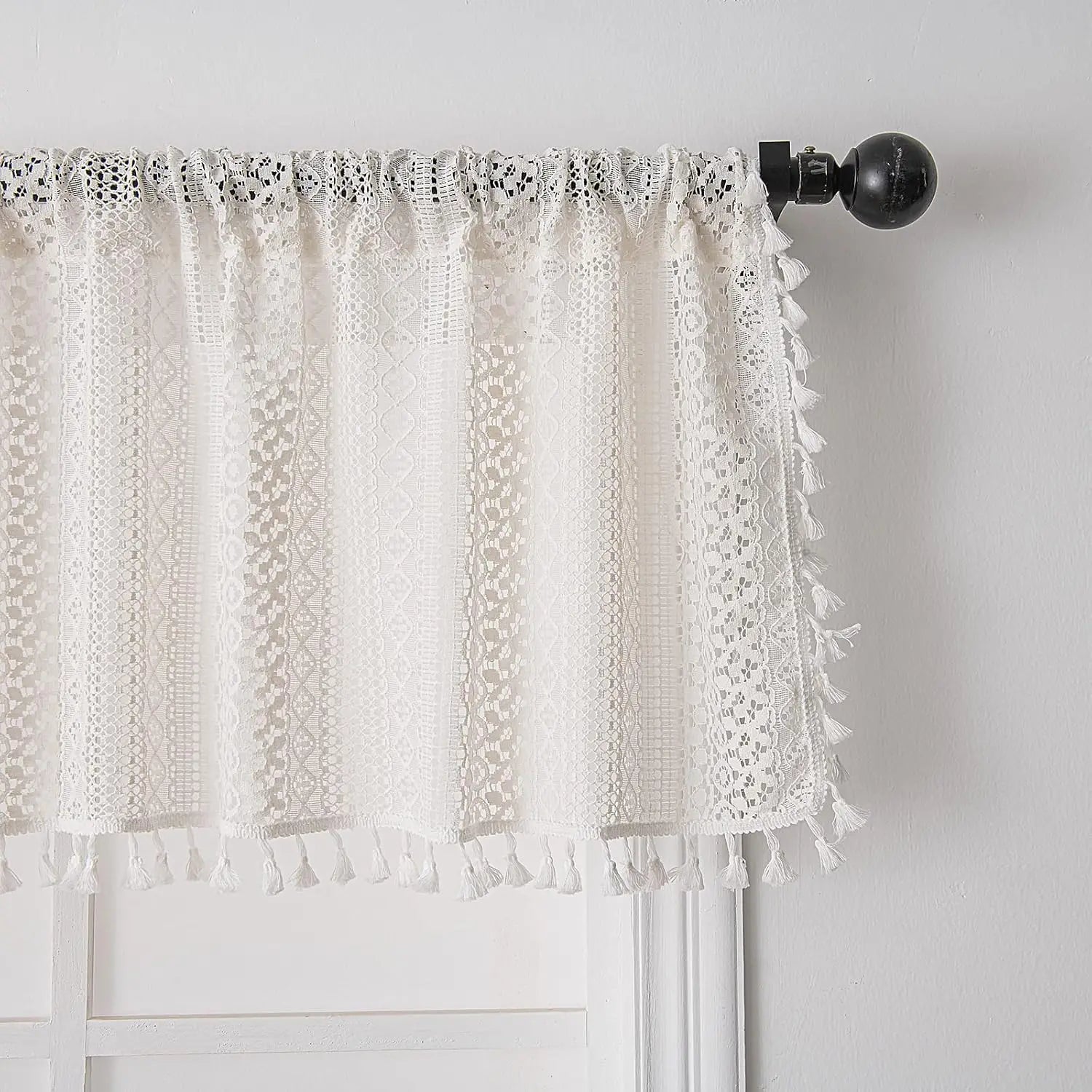 🌿🤍 Boho Lace Café Curtain – Tassel Short Window Curtain with Circular Pattern