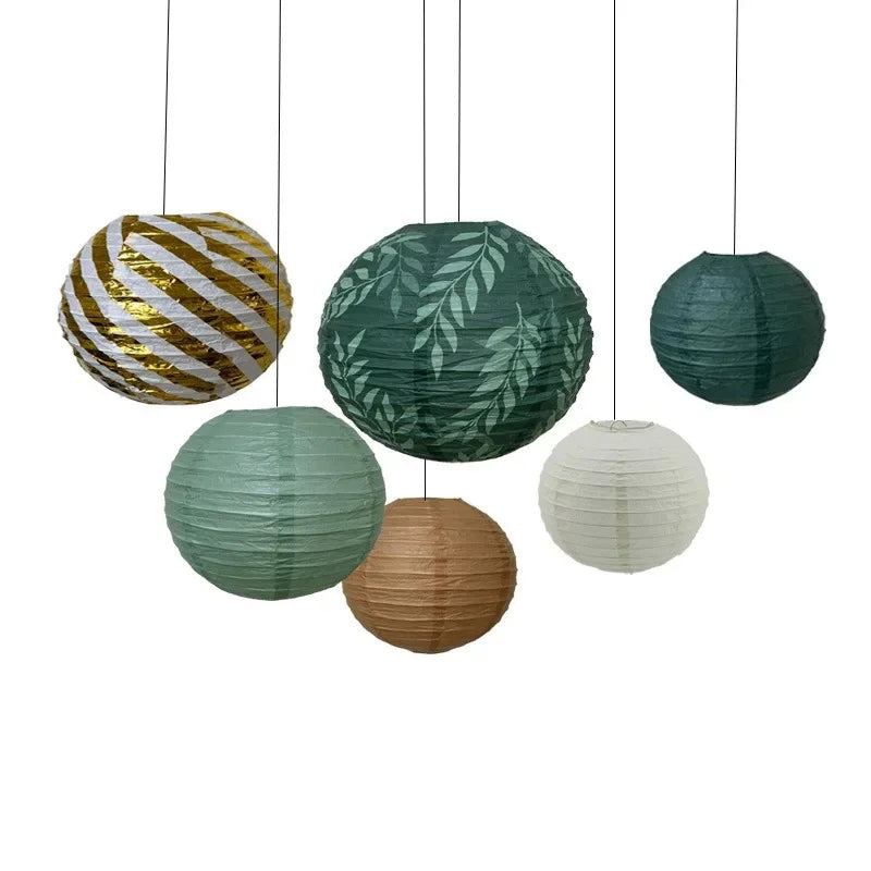 🌿🏮🤍 Boho Sage Green Paper Lantern Set – Hanging Party Décor (Set of 6)