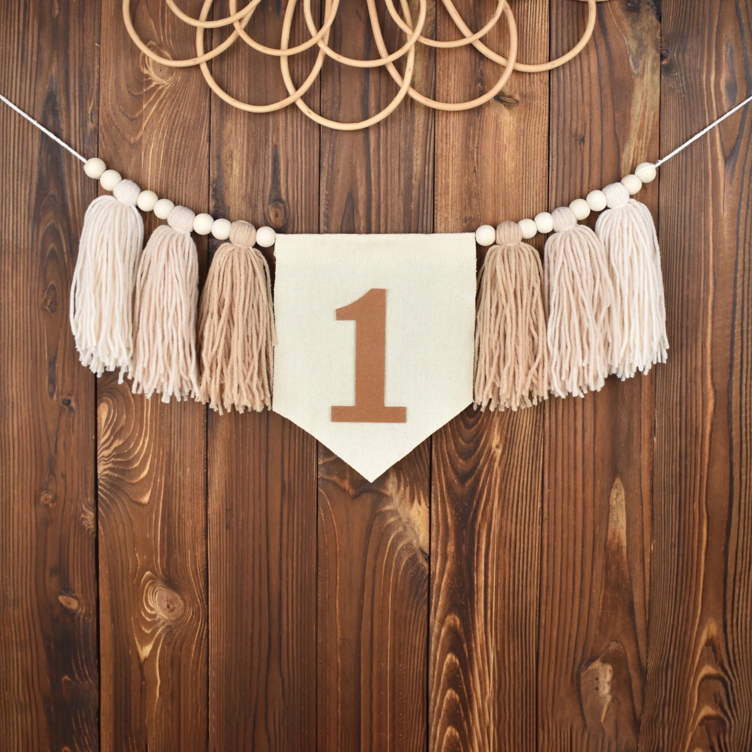 🎉🤍🌿 Boho First Birthday High Chair Banner – Wooden Bead & Tassel Garland