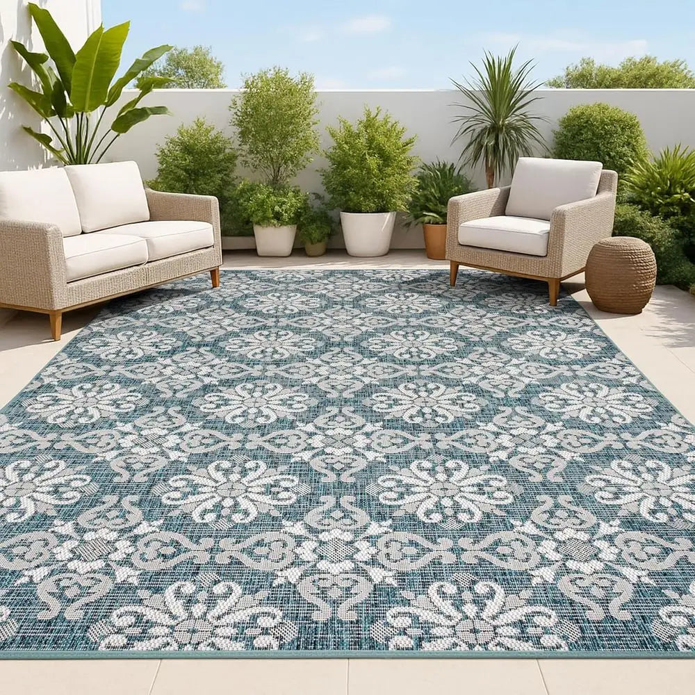 💙🌿 Mediterranean Tile Indoor/Outdoor Area Rug – Turquoise & Cream Patio Carpet