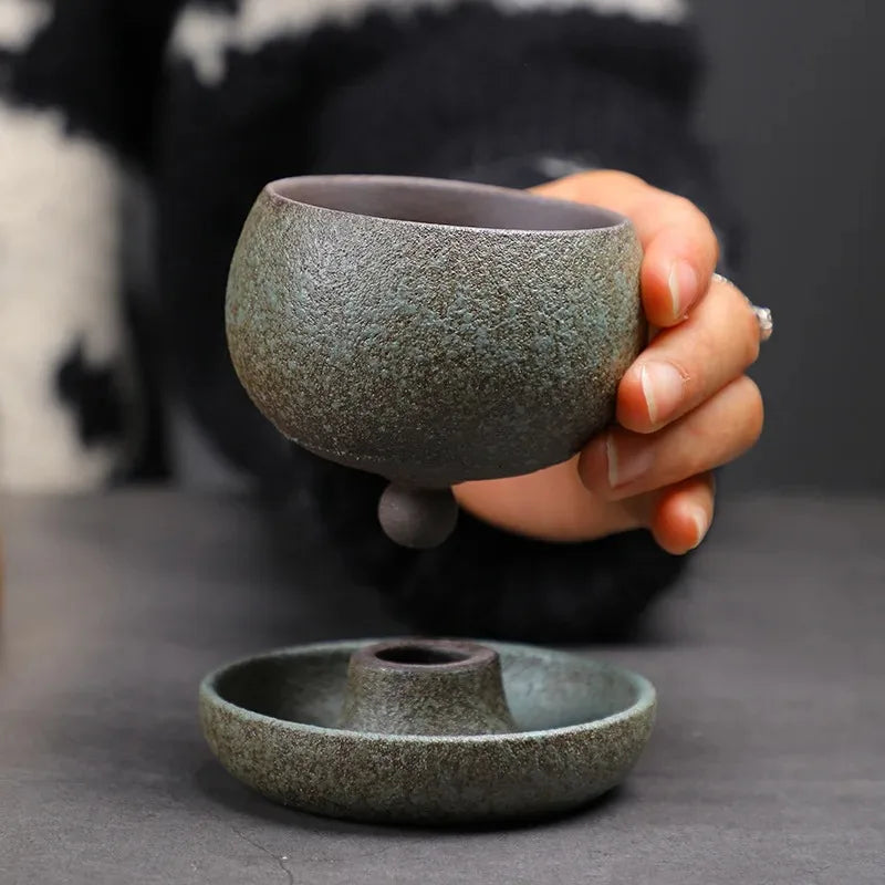 ☕🤍 Vintage Stoneware Coffee Mug & Saucer Set – Rustic Boho Ceramic Tea Cup