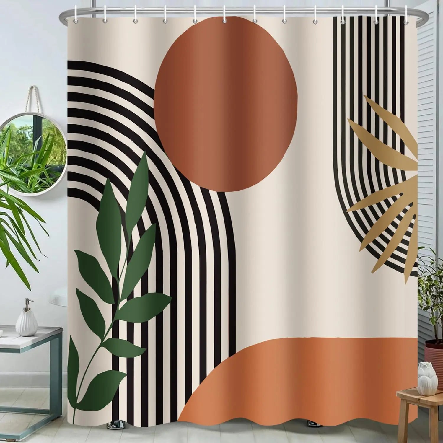 🚿🌿 Mid-Century Boho Geometric Shower Curtain – Waterproof Bathroom Décor
