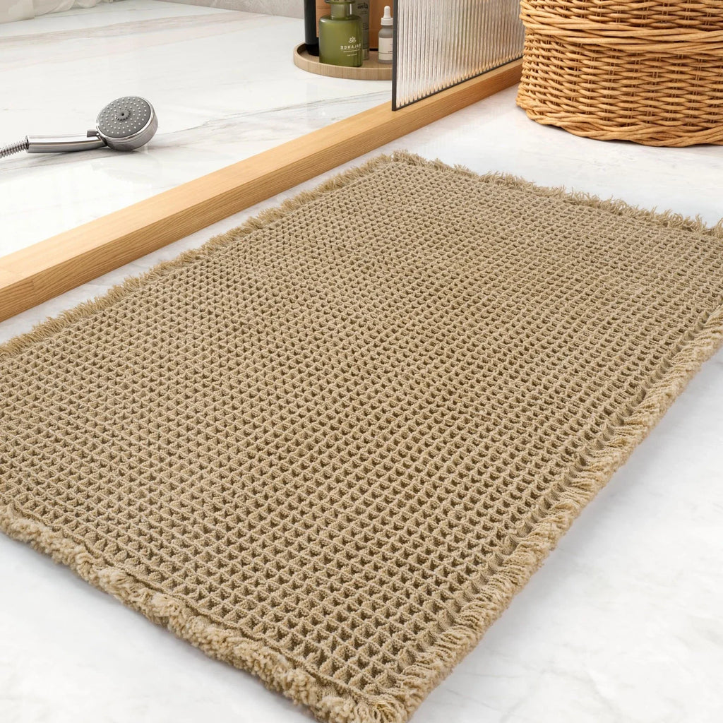 🛁🌿🤍 Boho Waffle Bath Mat – Ultra-Absorbent Non-Slip Bathroom Rug