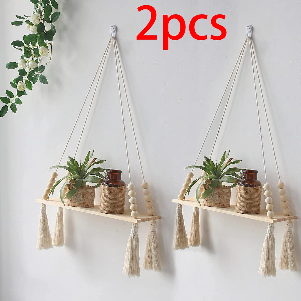 🌿🧺 Boho Macramé Floating Wall Shelf – Handwoven Wooden Hanging Display Shelf
