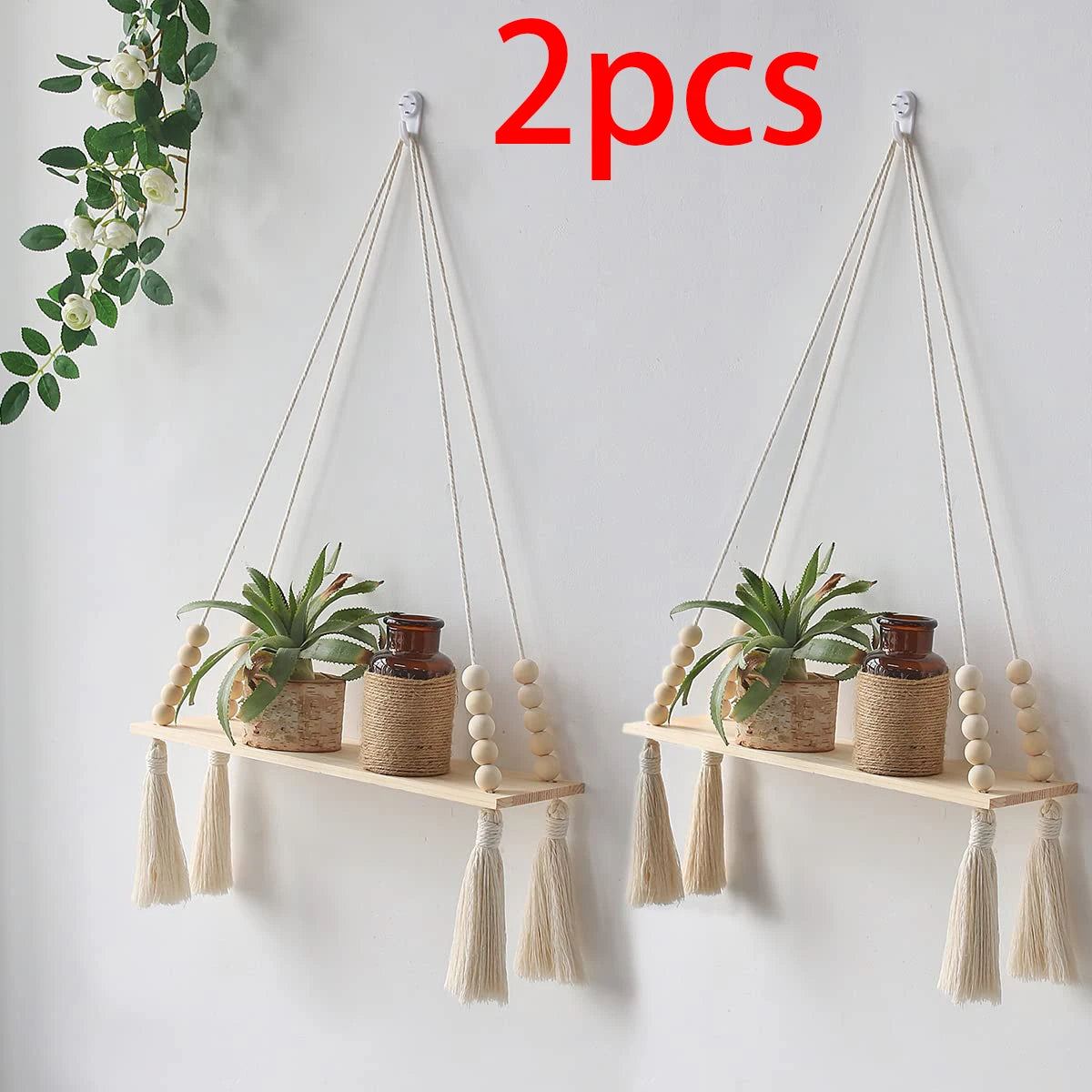 🌿🧺 Boho Macramé Floating Wall Shelf – Handwoven Wooden Hanging Display Shelf