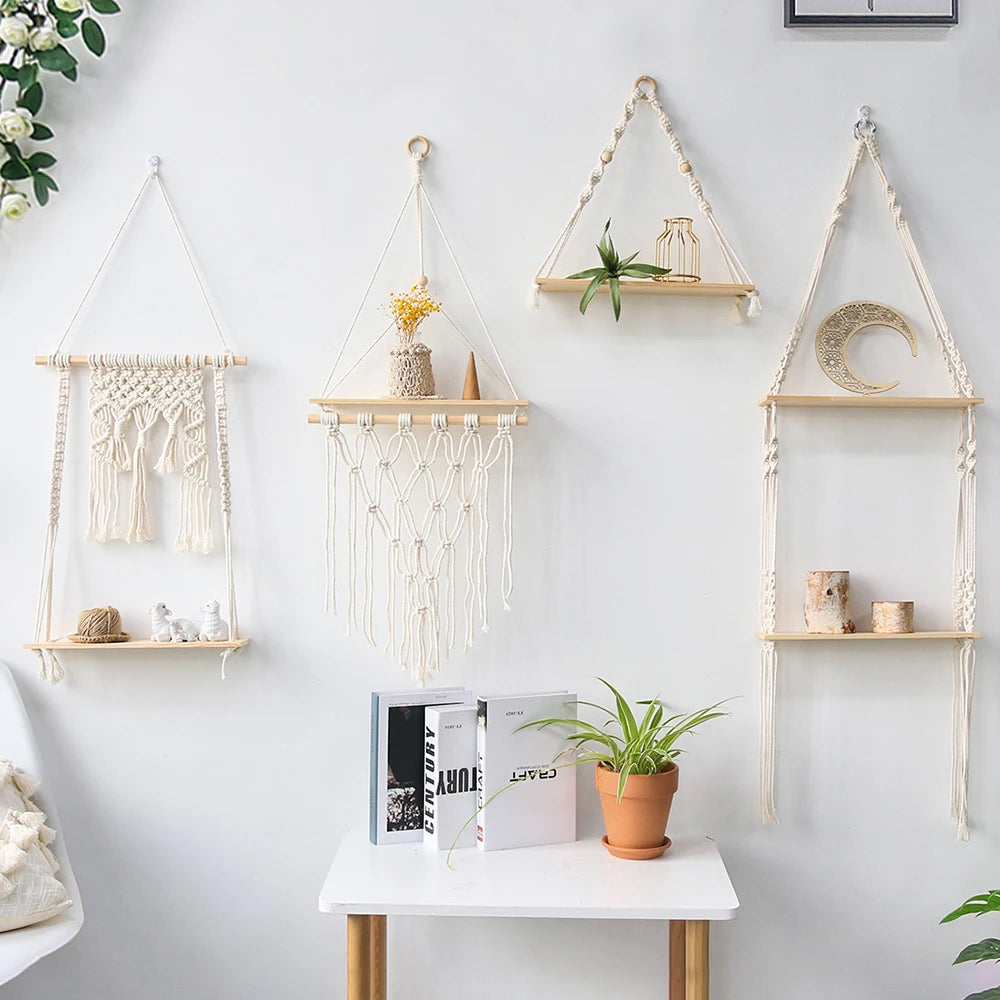 🌿🧺 Boho Macramé Floating Wall Shelf – Handwoven Wooden Hanging Display Shelf