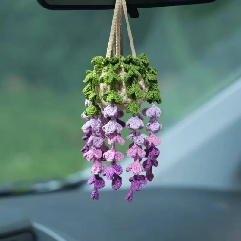 🍓🌸🤍 Boho Strawberry Blossom Car Charm – Handwoven Rearview Mirror Hanging Décor