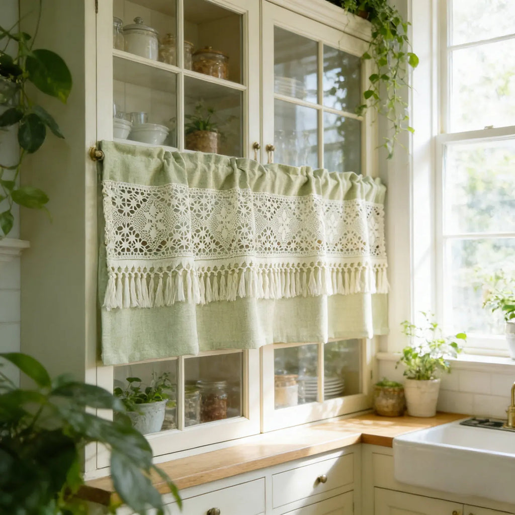 🌿🤍 Boho Tassel Café Curtain – Crochet Geometric Semi-Sheer Window Panel