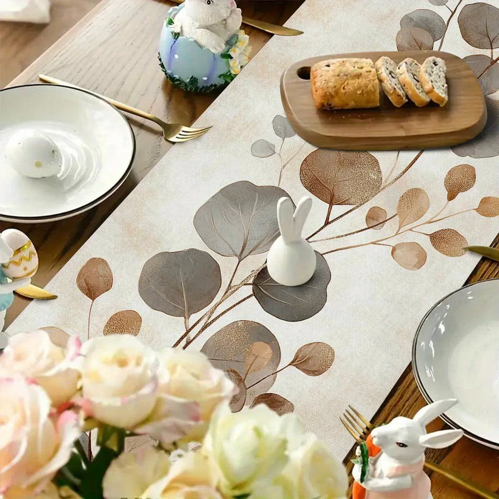 🌿🤍 Boho Eucalyptus Table Runner – Linen Botanical Dining Table Décor