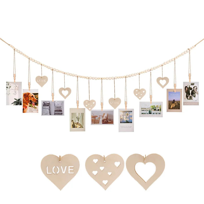 📸🌿🤍 Boho Wooden Bead Photo Garland – Hanging Wall Display with Photo Clips