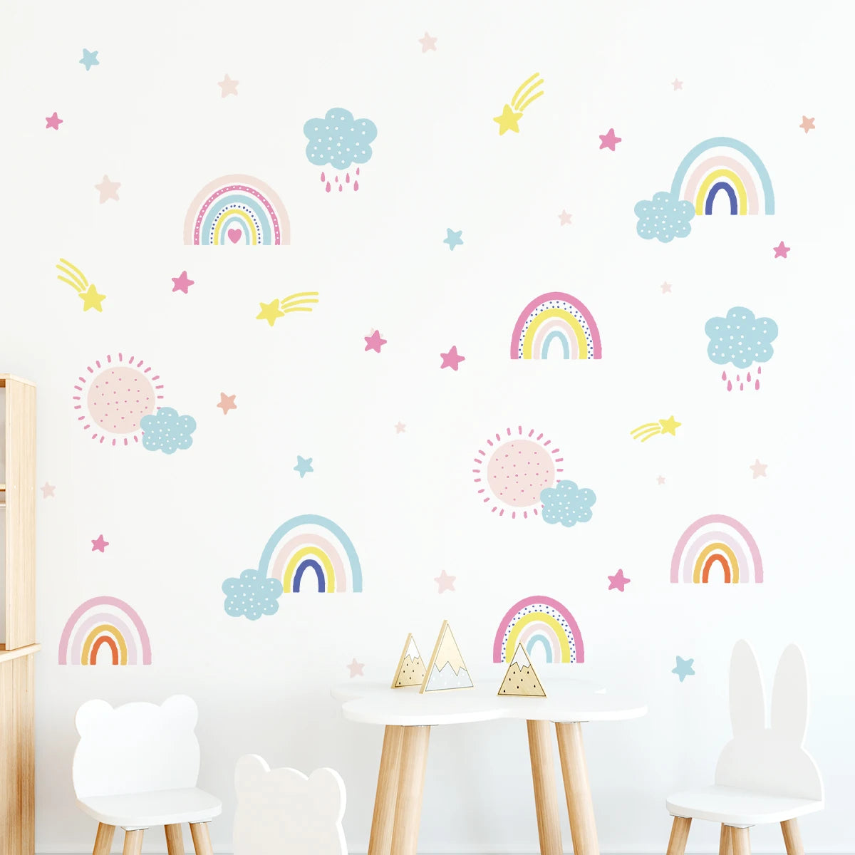 🌈☀️🤍 Boho Rainbow & Sun Wall Decals – Peel & Stick Nursery Wall Art (Set of 3)