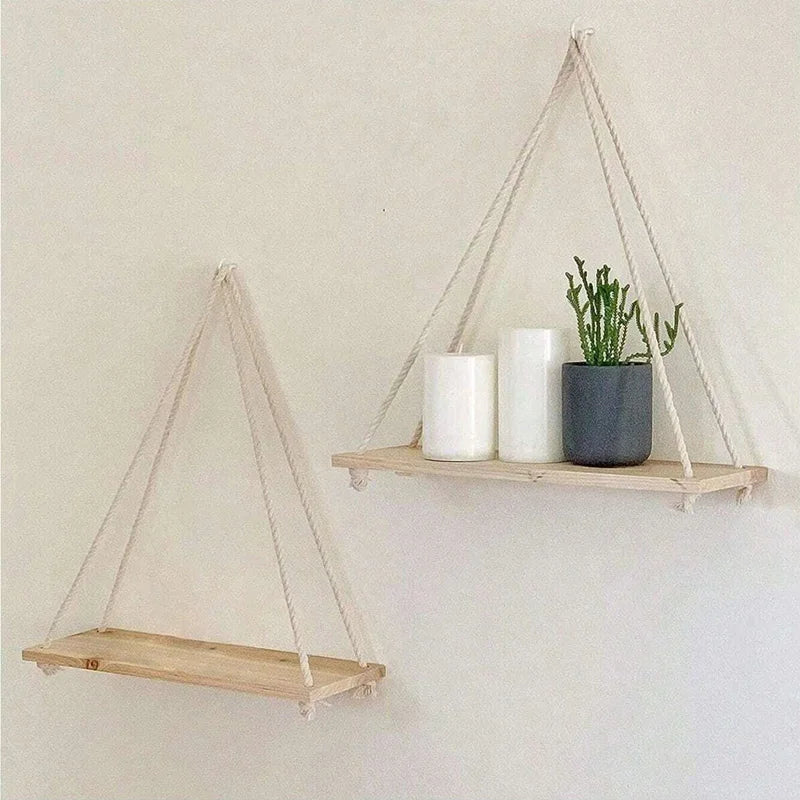 🌿 Boho Hanging Rope Shelf – Floating Wooden Wall Shelf for Plants & Home Décor