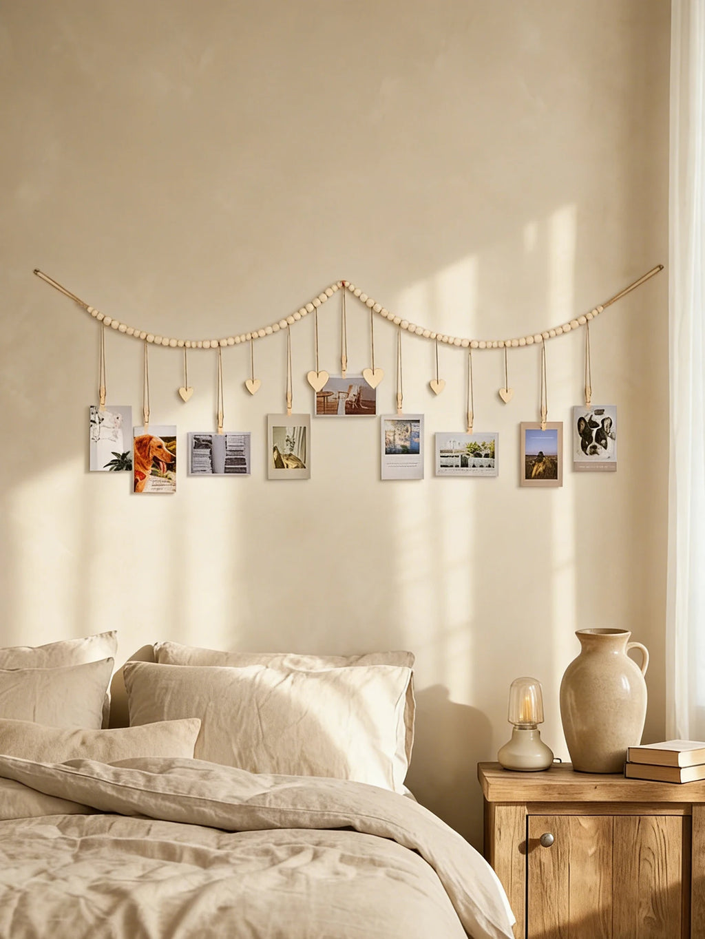 📸🤍🌿 Boho Wooden Bead Photo Garland – Heart Clip Wall Hanging Picture Display