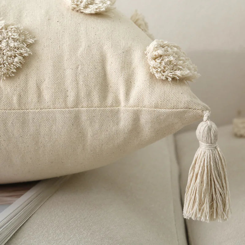 🌿🤍 Boho Tufted Lumbar Pillow Cover – Moroccan Embroidered Accent Cushion