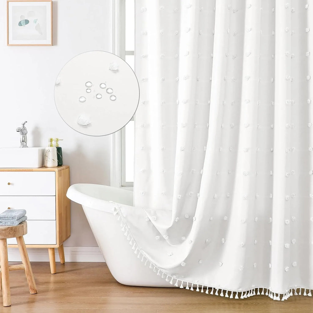 🚿🤍 Boho Polka Dot Shower Curtain – Modern Farmhouse Bathroom Décor Set