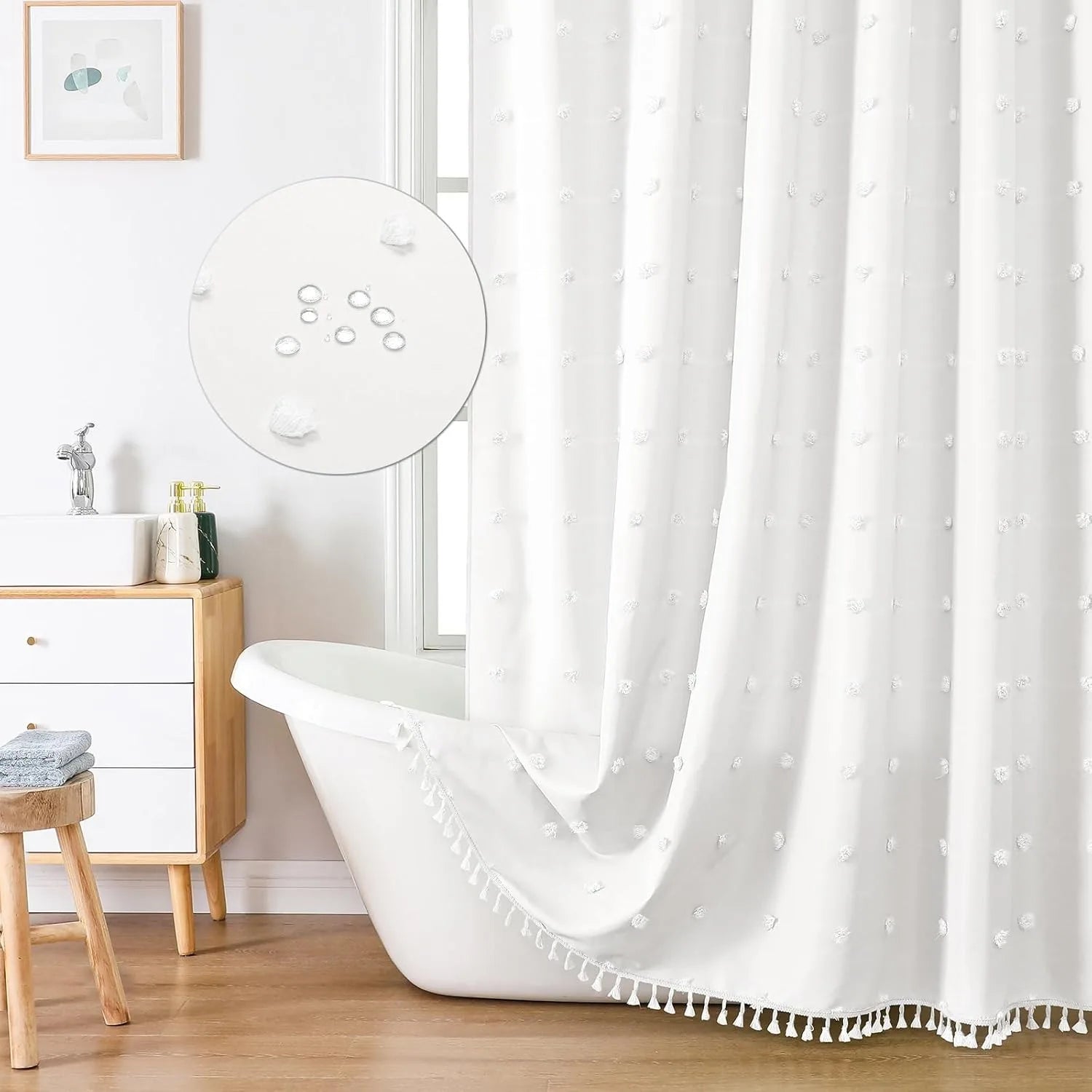 🚿🤍 Boho Polka Dot Shower Curtain – Modern Farmhouse Bathroom Décor Set